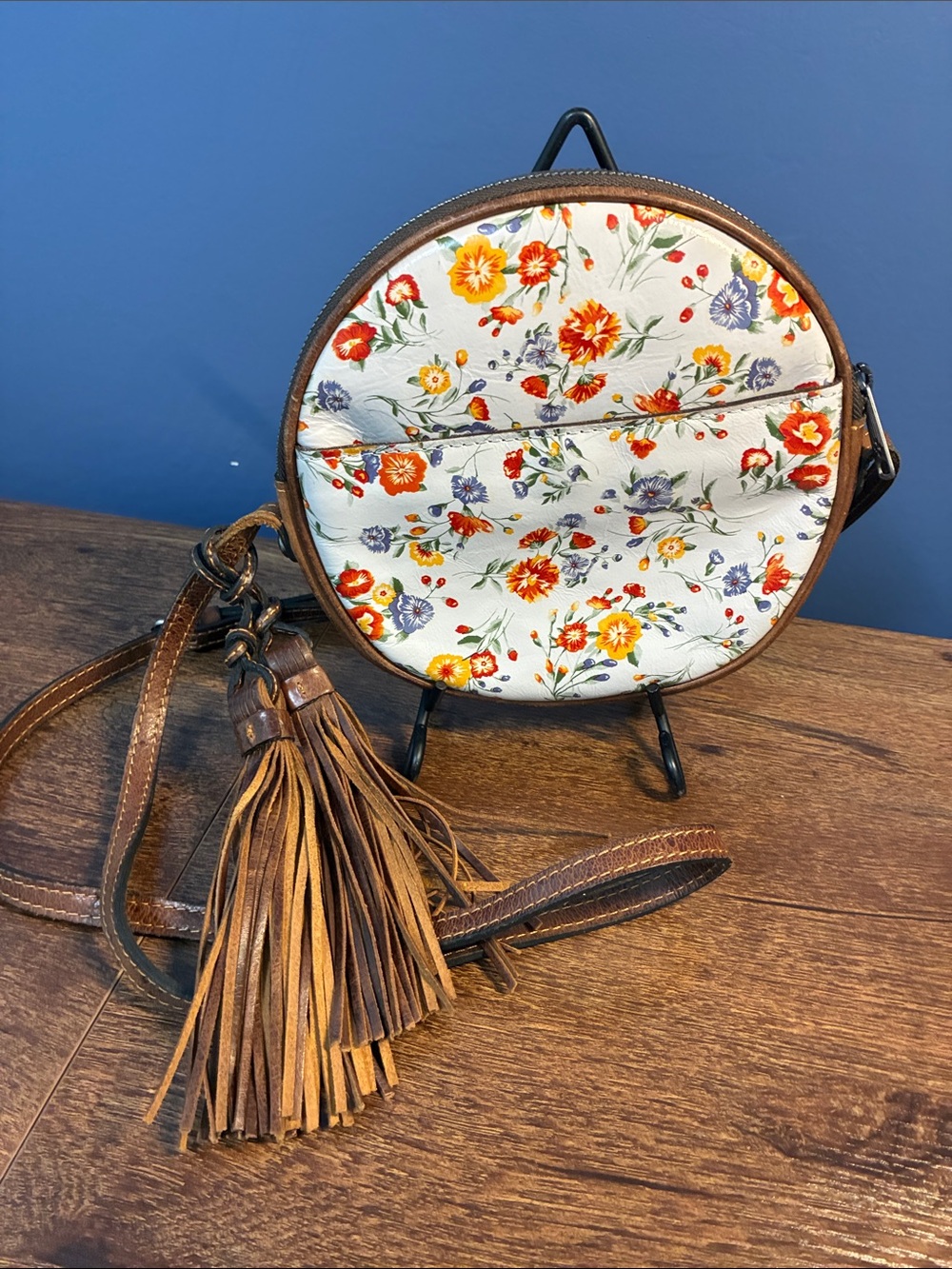 Patricia Nash Floral Round Canteen Crossbody Bag with Brown Tassel